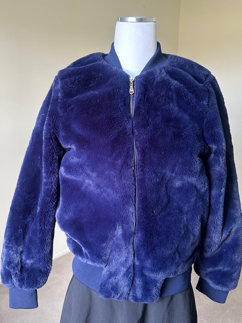 Cozy Faux Fur Bomber Jacket - Navy